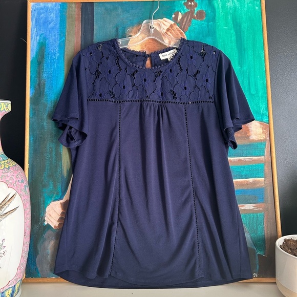 Faith and Joy Navy Blouse with Lace Yoke M - Picture 1 of 16